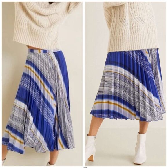 Mango Multicolor A-Line Blue Stripe Accordion Pleated Skirt - Picture 1 of 6